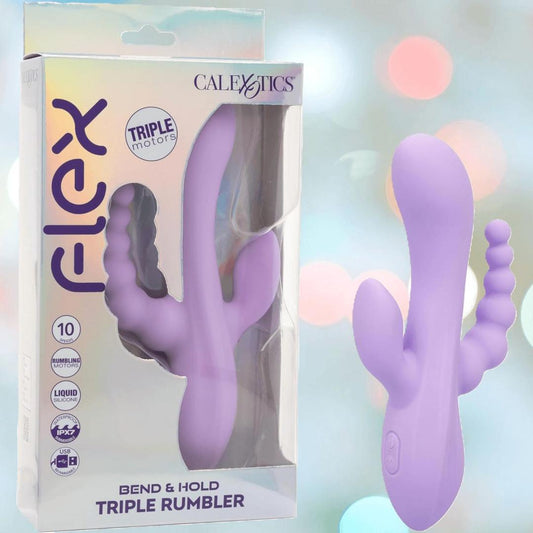 A lavender CalExotics Flex Bend & Hold Triple Rumbler, featuring three flexible prongs, is displayed beside packaging labeled with its name against a pastel blue background with soft circular lights. 1080