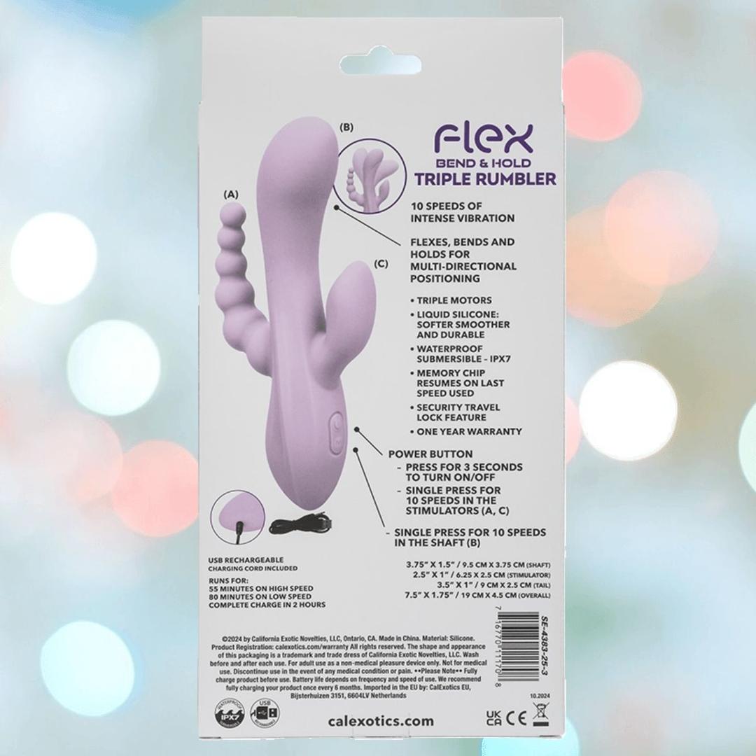 The back of the CalExotics Flex Bend & Hold Triple Rumbler box, a lavender adult vibrator, displays features, specs, and usage instructions in English against a blurred colorful background.