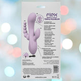 The back of the CalExotics Flex Bend & Hold Triple Rumbler box, a lavender adult vibrator, displays features, specs, and usage instructions in English against a blurred colorful background.