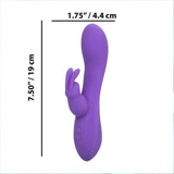 The CalExotics Flex Bend & Hold Double Rumbler Rabbit Vibrator is a purple silicone toy with a curved shaft and rabbit-shaped clitoral stimulator for dual stimulation. Measures 7.5" (19 cm) long and 1.75" (4.4 cm) wide.