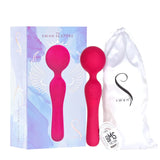 The Swan Sceptre Wand - Magenta by BMS is shown with its decorative box, white "swan" pouch, and charging cable. Experience powerful vibrations and a body-safe design for your comfort.