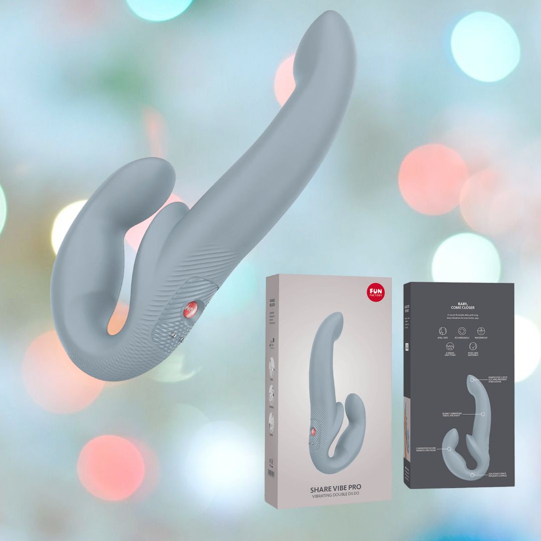 The image showcases the Fun Factory Share Vibe Pro Cool – Grey, a dual-stimulation couples vibrator with textured detailing designed for mutual pleasure, positioned in front of a colorful blurred background. Beside it are front and back views of its packaging box, labeled "Fun Factory Share Vibe Pro.