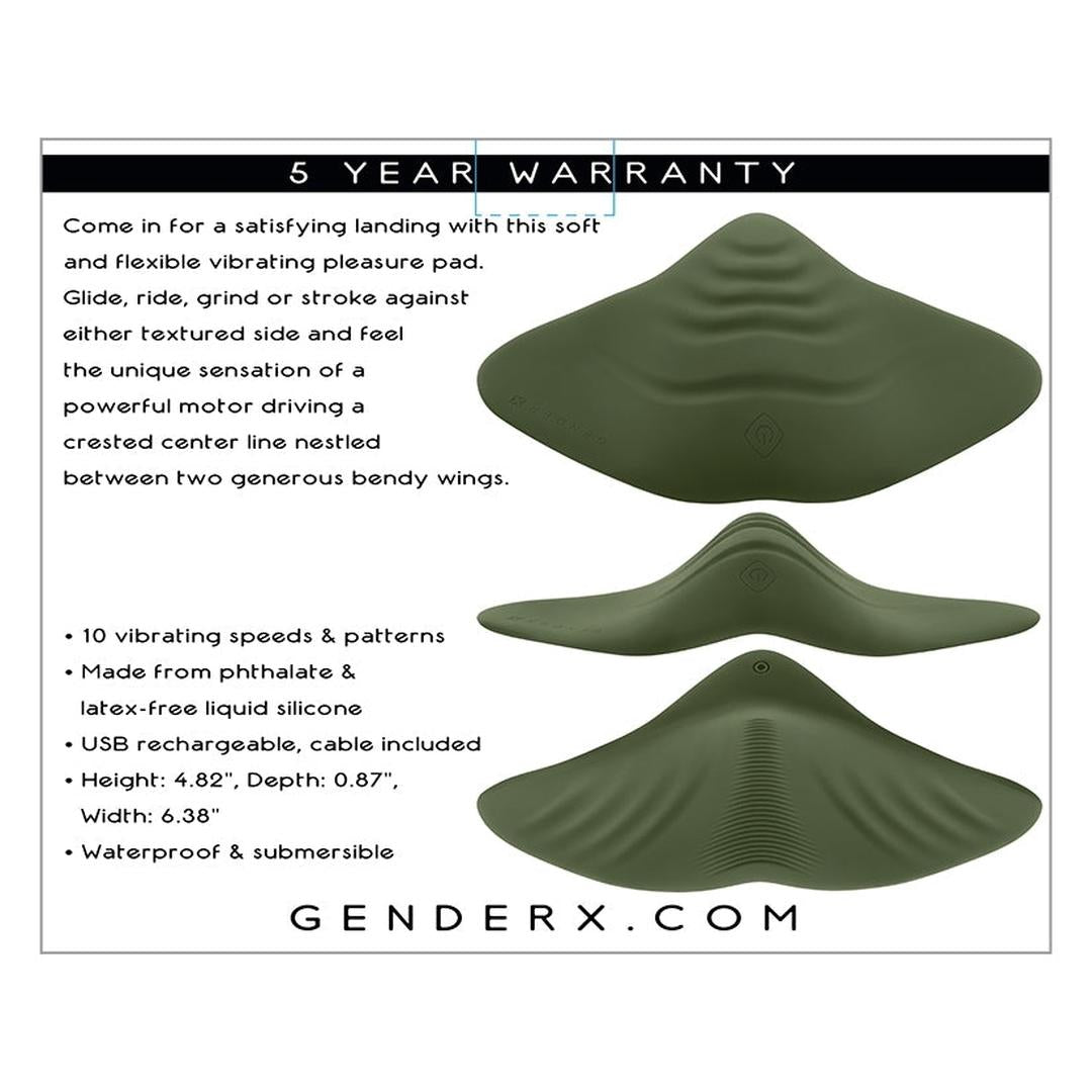 The Gender X Pleasure Pad by Evolved Novelties is shown in olive green from three angles, featuring textured sides, 10 vibration speeds, a powerful motor, rechargeable silicone body, waterproof design, and a 5-year warranty.