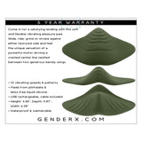 The Gender X Pleasure Pad by Evolved Novelties is shown in olive green from three angles, featuring textured sides, 10 vibration speeds, a powerful motor, rechargeable silicone body, waterproof design, and a 5-year warranty.