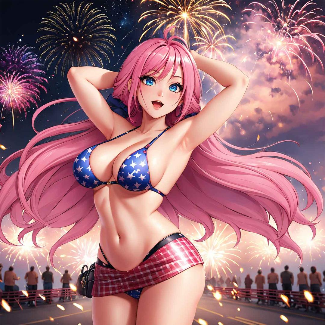 A confident anime-style woman with long pink hair poses in a star-spangled bikini, fireworks behind her, evoking the allure of the Fleshlight Fantasy Sasha Nakamoto: Realistic Fantasy Male Masturbator from Fleshlight.