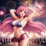 A confident anime-style woman with long pink hair poses in a star-spangled bikini, fireworks behind her, evoking the allure of the Fleshlight Fantasy Sasha Nakamoto: Realistic Fantasy Male Masturbator from Fleshlight.