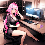 An anime-style woman with long pink hair in a black dress sits at her desk with a computer, while the Fleshlight Fantasy Sasha Nakamoto: Realistic Fantasy Male Masturbator by Fleshlight is seen resting on the modern office desk.