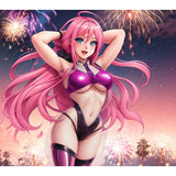 Anime-style woman with long pink hair in a shiny purple bikini poses playfully among palm trees and fireworks, capturing the fantasy vibe of the Fleshlight Fantasy Sasha Nakamoto: Realistic Fantasy Male Masturbator by Fleshlight.