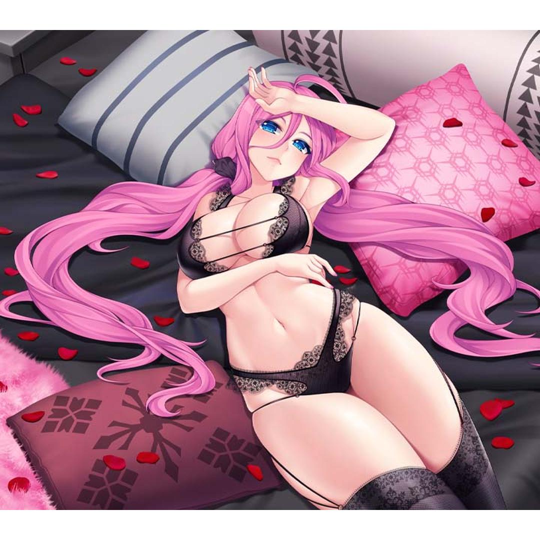 Anime-style woman with long pink hair, in black lace lingerie, reclines on a bed with pillows and rose petals, gazing upward as if dreaming of the Fleshlight Fantasy Sasha Nakamoto: Realistic Fantasy Male Masturbator by Fleshlight.