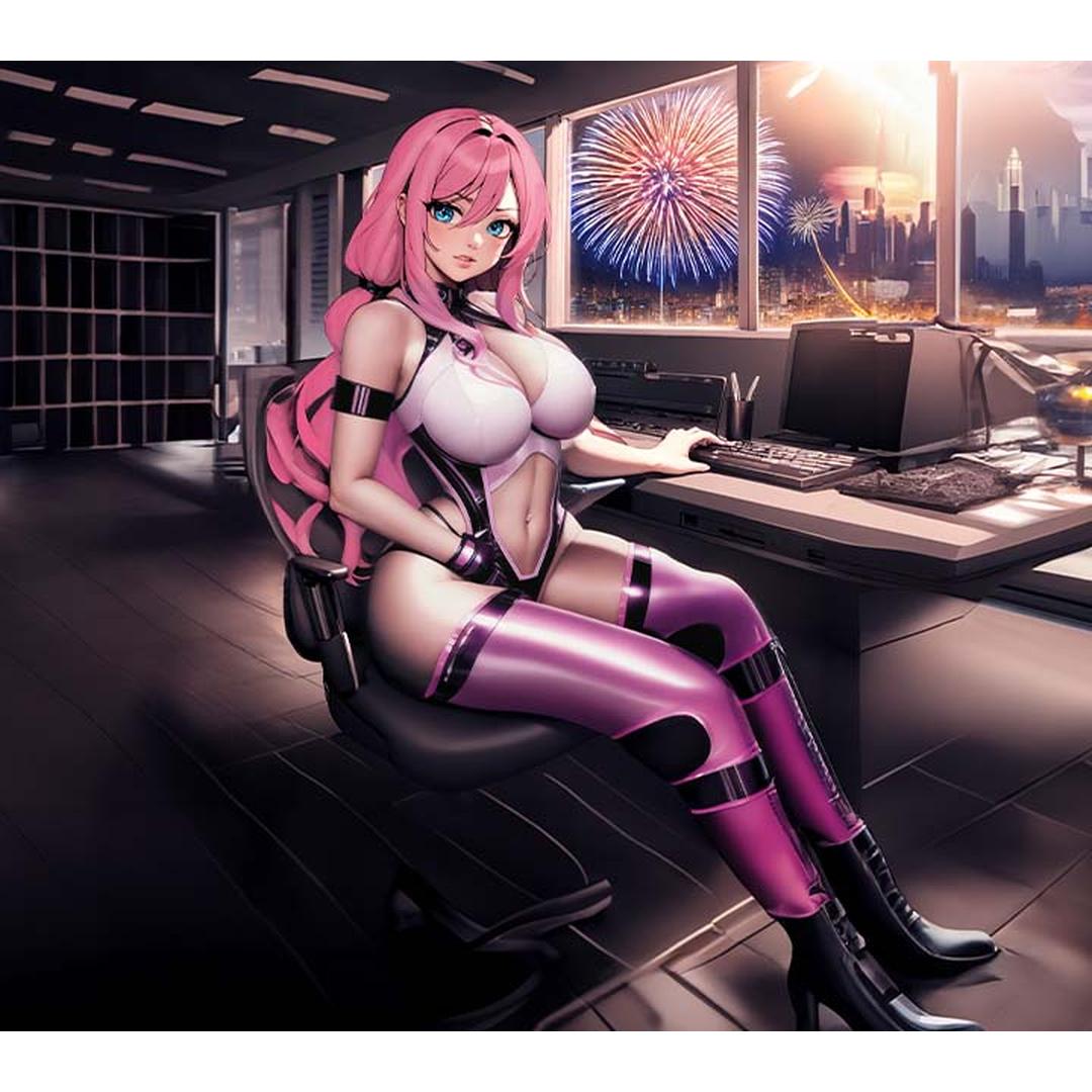 An anime-style woman with long pink hair in a futuristic outfit sits at her desk as fireworks light up the city. On her computer, she views the Fleshlight Fantasy Sasha Nakamoto: Realistic Fantasy Male Masturbator by Fleshlight.