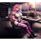 An anime-style woman with long pink hair in a futuristic outfit sits at her desk as fireworks light up the city. On her computer, she views the Fleshlight Fantasy Sasha Nakamoto: Realistic Fantasy Male Masturbator by Fleshlight.