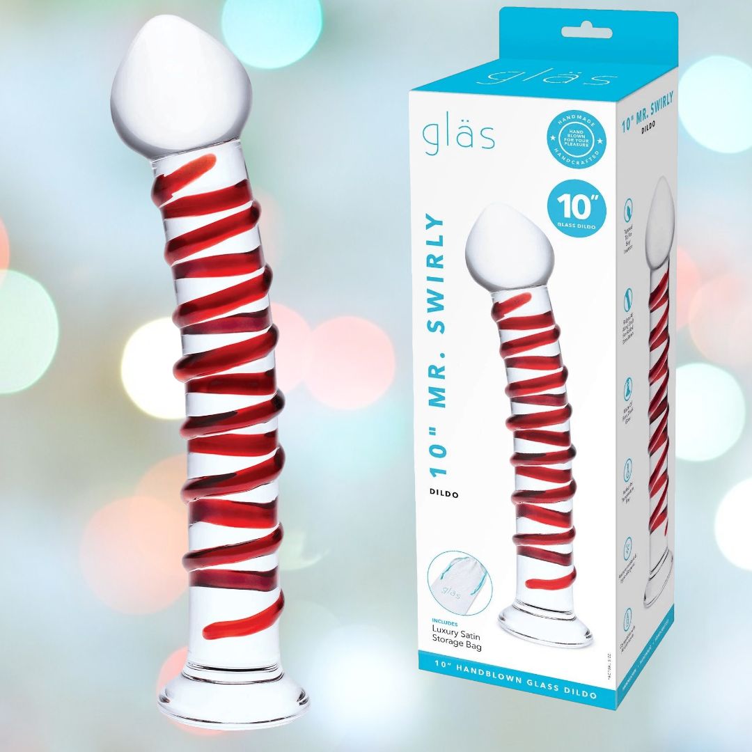 A Gläs 10" Mr. Swirly Spiral Glass Dildo, featuring a striking red swirling design ideal for G-spot stimulation, is showcased alongside its packaging. The box emphasizes features such as a satin storage bag by the brand Gläs. In the background, a gentle gradient with soft bokeh lights enhances the display.