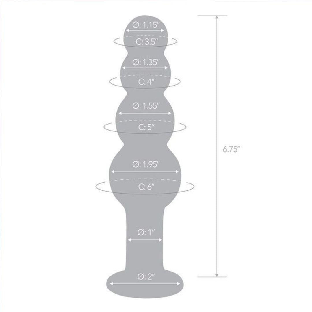 A diagram of the Gläs 7.25" Glass Beaded Butt Plug by Gläs displays its five rounded, body-safe glass beads with labeled circumference and diameter. The plug has a total height of 7.25 inches and a base diameter of 2 inches.