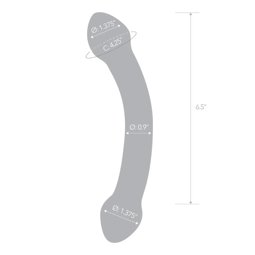 A diagram of the Gläs Double Trouble Purple Dildo by Gläs, showing its curved double-ended glass design: 6.5" long, with both ends 1.375" diameter, a center width of 0.9", and a curved length between ends labeled as 4.25".