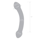 A diagram of the Gläs Double Trouble Purple Dildo by Gläs, showing its curved double-ended glass design: 6.5" long, with both ends 1.375" diameter, a center width of 0.9", and a curved length between ends labeled as 4.25".