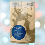 A 12-pack of Glyde Maxi LARGE Size Vegan Condoms by Glyde, made from natural rubber latex. Ethically produced, triple tested for safety, and featuring abstract couple artwork on the packaging.