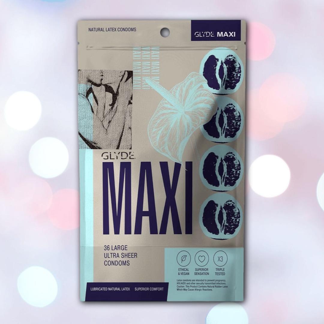 A beige and blue Glyde Maxi LARGE Size Vegan Condoms box from Glyde is shown, featuring a leaf and latex pods. The text highlights "36 large ultra sheer condoms" made from natural latex with vegan and comfort details.
