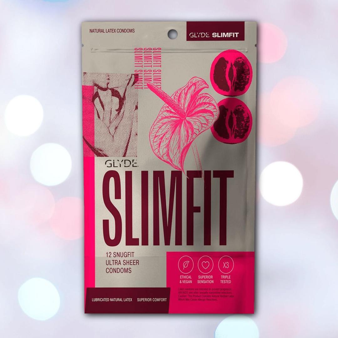 A package of Glyde SlimFit Small Size Condoms by Glyde features bold pink and gray colors, an anatomical heart illustration, and text: "12 small size vegan condoms," "ethical & vegan," "superior sensation," and "triple tested.