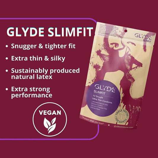 A purple and red package marked "Glyde SlimFit Small Size Condoms" features a stylized image of two silhouetted faces. Text highlights snugger & tighter fit, extra-thin & silky feel, sustainably produced natural latex, and extra strong performance. The bottom corner proudly displays the vegan logo. 1080