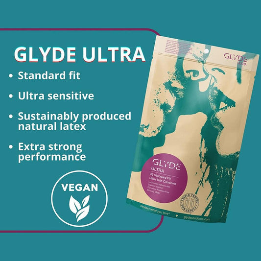 Image of Glyde Ultra Super-Thin Condoms package highlighting product advantages: typical fit, ultra-thin for enhanced sensitivity, made from eco-friendly natural latex, and offers extra strength. The sustainable packaging features green and cream colors with an abstract pattern. 1080