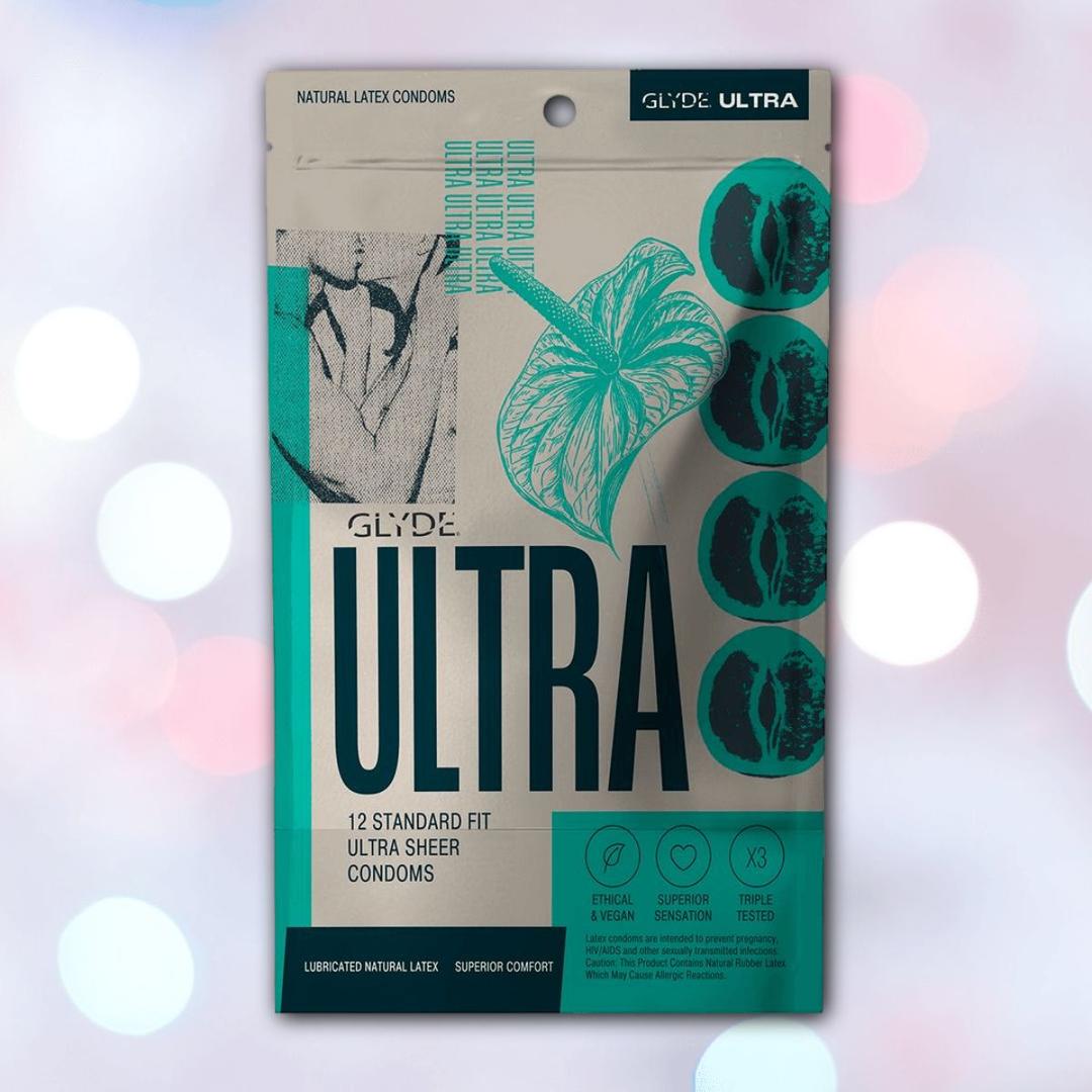 A beige and teal box of Glyde Ultra Super-Thin Condoms by Glyde. The pack states "12 standard fit ultra sheer condoms" with eco-inspired images, showcasing these vegan, eco-friendly condoms.