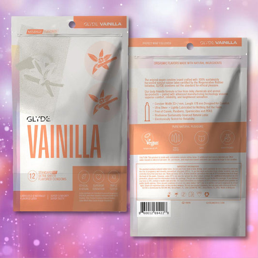 Two orange and white packs of Glyde Ultra Vanilla Flavored Condoms 🍦 are shown. The front shows the Glyde brand and product name; the back lists ingredients, features, and certifications on a blurred purple background. 1080