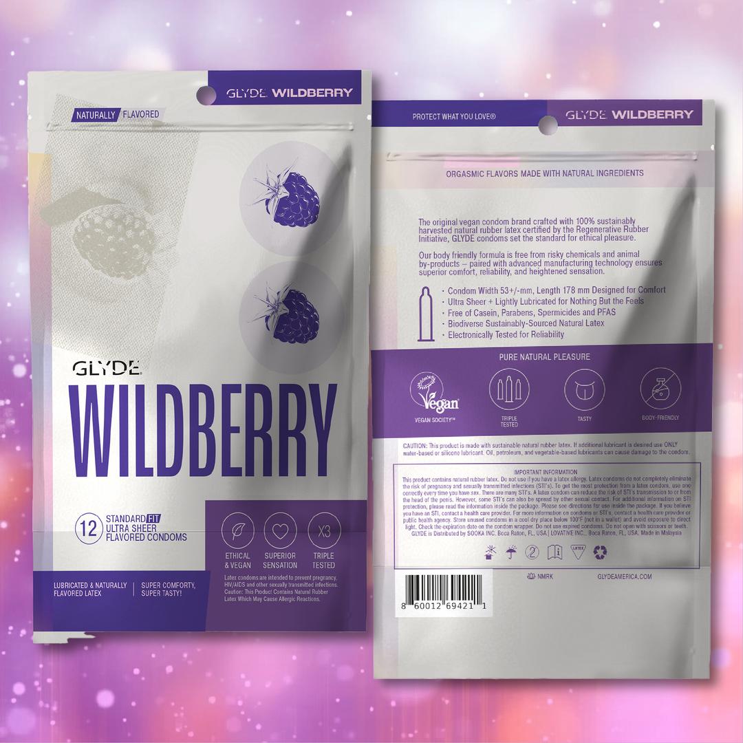 Front and back of Glyde Ultra Organic Wildberry Flavored Vegan Condoms packaging, featuring blackberry and raspberry images. Highlights include plant-based, vegan-friendly ingredients, wildberry flavor, and detailed info on the back.