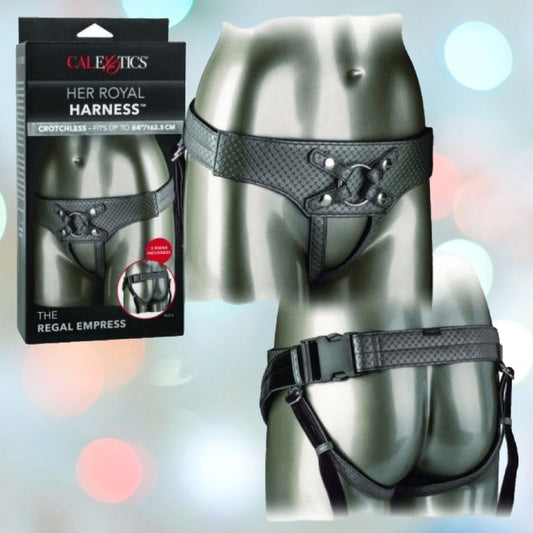 A product image featuring the "Her Royal Harness The Regal Empress Pewter" by CalExotics. The main image displays the vegan leather harness worn on a mannequin, showcasing front and back views. The product packaging is visible on the left, detailing features like the crotchless design, adjustable straps, and interchangeable rings. 1080