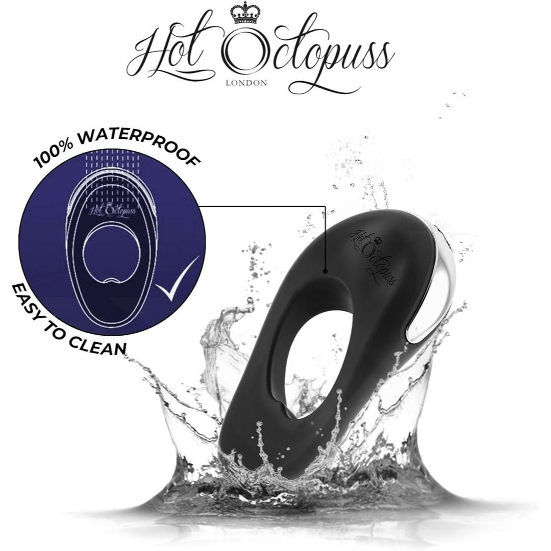 A black ring-shaped product, the Hot Octopuss Atom Plus - Vibrating Cock Ring, splashes in water under the "Hot Octopuss" logo. The text states "100% Waterproof, Easy to Clean," emphasizing strong vibrations and features a diagram demonstrating its waterproof capability.