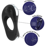 The Hot Octopuss Atom Plus, a vibrating cock ring, is displayed in black with a loop handle and offers strong vibrations and perineum stimulation. Diagrams highlight its features: dual motors, mood-enhancing capabilities, and a recommendation for couple use. The Hot Octopuss brand logo is visible on the device.