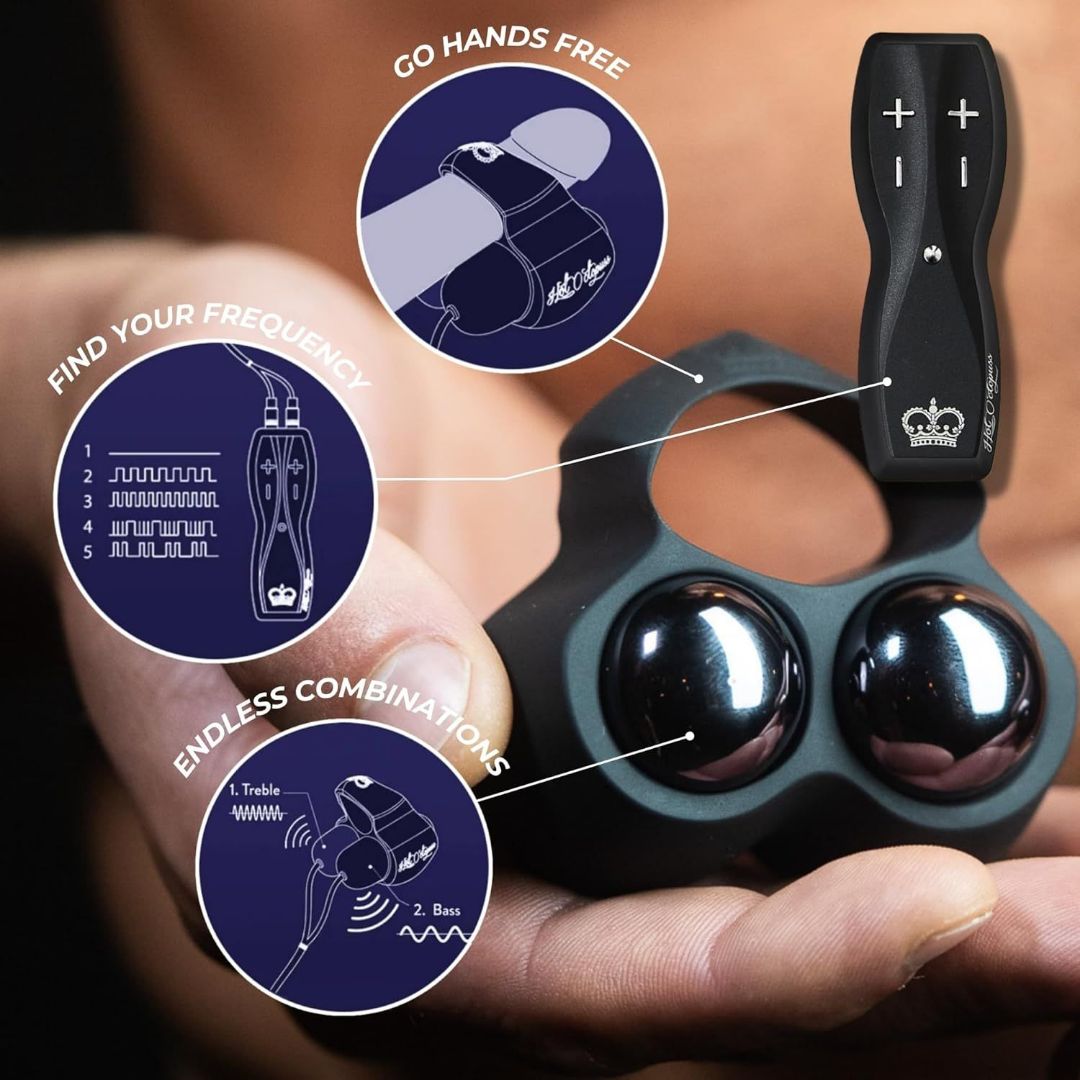 A hand displays the Hot Octopuss Jett, a device similar to bullet vibrators featuring two metallic spheres and a black remote control. The insert reads: "Go Hands Free," "Find Your Frequency," and "Endless Combinations," showcasing its features and controls with plus and minus buttons that promise even a hands-free orgasm.