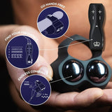 A hand displays the Hot Octopuss Jett, a device similar to bullet vibrators featuring two metallic spheres and a black remote control. The insert reads: "Go Hands Free," "Find Your Frequency," and "Endless Combinations," showcasing its features and controls with plus and minus buttons that promise even a hands-free orgasm.