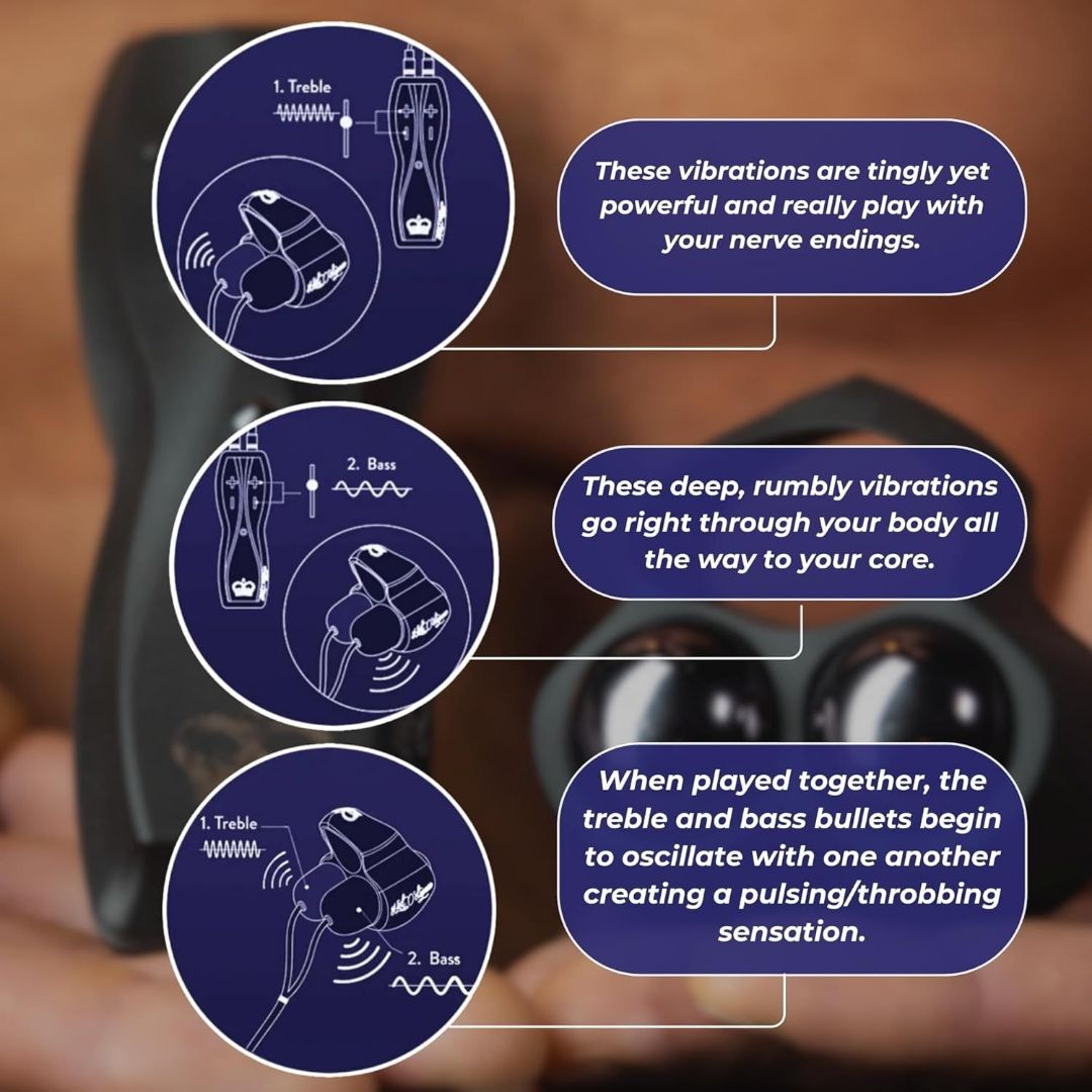 A diagram of the Hot Octopuss Jett - Vibrating C-Ring with Remote Control illustrates the treble and bass settings. The accompanying text describes sensations: treble for tingling nerve endings, bass for deep body vibrations, and their combination for a pulsing effect reminiscent of Hot Octopuss’s innovative Guybrator experience.