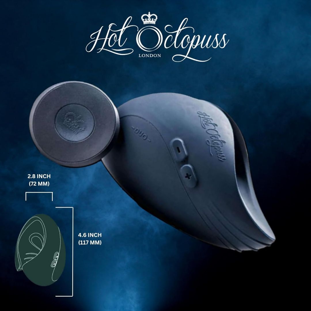 A dark blue, oval-shaped Hot Octopuss Pulse 3 Duo - Couple's Vibrator, emblazoned with the "Hot Octopuss London" logo, is shown against a smoky backdrop. Ideal for couples' play, it measures 2.8 inches (72 mm) by 4.6 inches (117 mm) and delivers intense vibrations for an unforgettable experience.