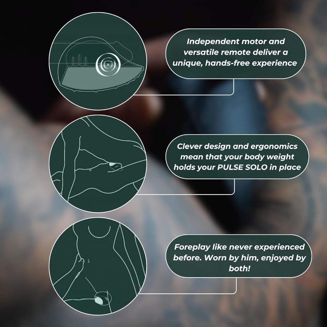 Diagram showcasing features of the product: Hot Octopuss Pulse 3 Duo - Couple's Vibrator, highlighting its versatile remote control and ergonomic design for hands-free operation, along with a note on enhancing shared experiences during couples play. The diagram includes illustrative graphics and descriptive text bubbles emphasizing its intense vibrations.