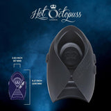 A promotional image of the Hot Octopuss Pulse Solo Essential male vibrating masturbator showcases its dimensions, measuring 2.63 inches in width and 4.17 inches in height, and highlights its Pulse Plate technology. The Hot Octopuss logo is prominently displayed at the top against a smoky blue background.