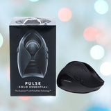 A black Hot Octopuss Pulse Solo Essential Male Vibrating Masturbator is placed beside its packaging against a backdrop of soft, blurred lights. The box prominently displays the product's name and highlights its innovative PulsePlate Technology.