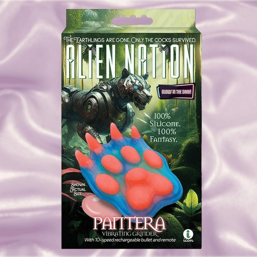 The Icon Brands Alien Nation Pantera Grinder is a blue and pink glow-in-the-dark 10-speed rechargeable vibrator, styled as a mechanical tiger. Enjoy fantasy play and mesmerizing illumination from Icon Brands.