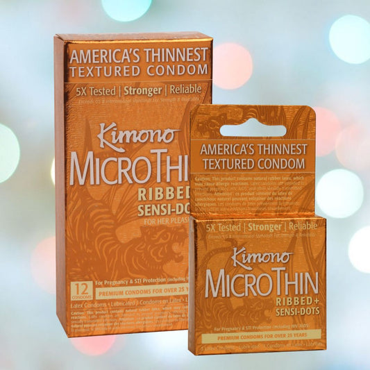 Two packages of Kimono MicroThin Ribbed + Sensi-Dots Condoms are displayed, showcasing them as "America's Thinnest Textured Condom" made from premium natural latex. The packaging emphasizes being "5X Tested" for reliability. A soft gradient with blurred lights in the background enhances their allure. 1080