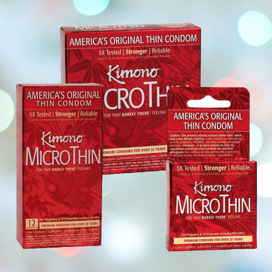 Three red packages of Kimono MicroThin Condoms by Kimono are displayed. Each package is labeled "America's Original Thin Condom" and "5X Tested | Stronger | Reliable." The packages vary in size, with one containing 12 ultra-thin condoms and the others unspecified. The background features a light color with soft blue circles. 1080