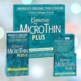 Three packages of Kimono Microthin Plus Aqua Lube Condoms in blue-green packaging feature "America's Original Thin Condom," "5X Tested," "Stronger," and "Reliable." Available in various quantities: a large box, a medium box of 12, and a small single pack. These vegan latex condoms from the Kimono brand come with Aqua Lube lubricant.