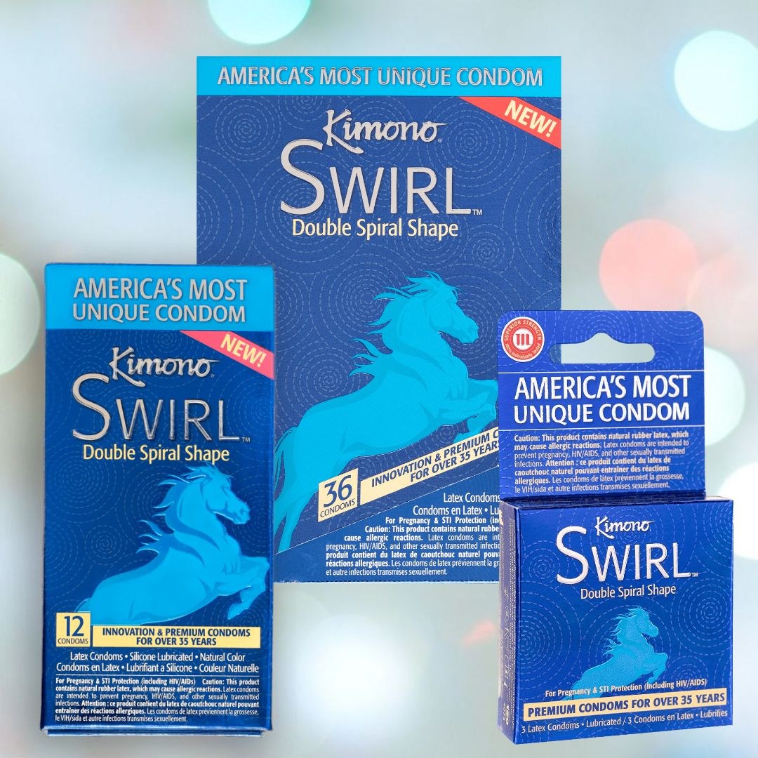 Four boxes of Kimono Swirl Double-Spiral Shape Condoms, made with premium vegan latex by the Kimono brand, are displayed against a light blue background. Each package emphasizes their distinctive double helix shape and proudly states "premium condoms for over 35 years," available in counts of 12, 36, and smaller quantities.