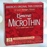 A red box of "Kimono MicroThin Condoms" from the Kimono brand is displayed. The packaging highlights the product as "America's Original Thin Condom," emphasizing that it undergoes 5X testing to ensure strength and reliability. The box contains 24 premium latex condoms and offers protection against pregnancy and STIs.