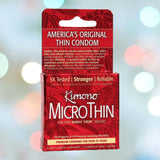 A red box labeled "Kimono" featuring the text "Kimono MicroThin Condoms" and information on its reliability and testing. The packaging emphasizes its ultra-thin design, premium latex quality, and durability, making it ideal for pregnancy and STI protection.