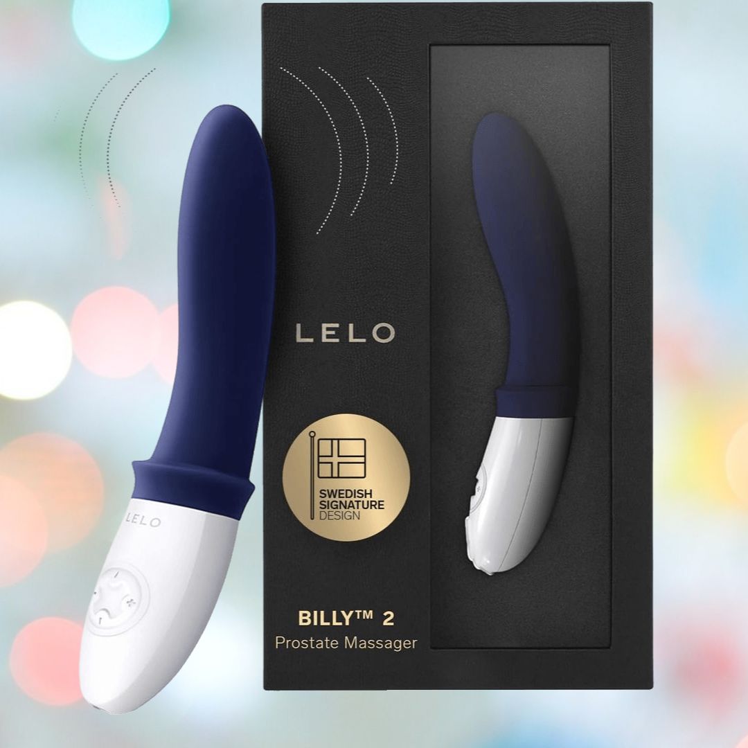 The LELO Billy 2 Vibrating Prostate Massager in Deep Blue is displayed next to its black box, which shows the product image and a gold "Swedish Signature Design" badge.