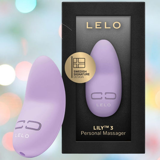 The LELO Lily 3 - Calm Lavender mini vibrator is displayed beside its sleek black and gold packaging, featuring the "LELO LILY™ 3 Personal Massager" label—a stylish Swedish design, ideal for marking a pleasure anniversary. 1080