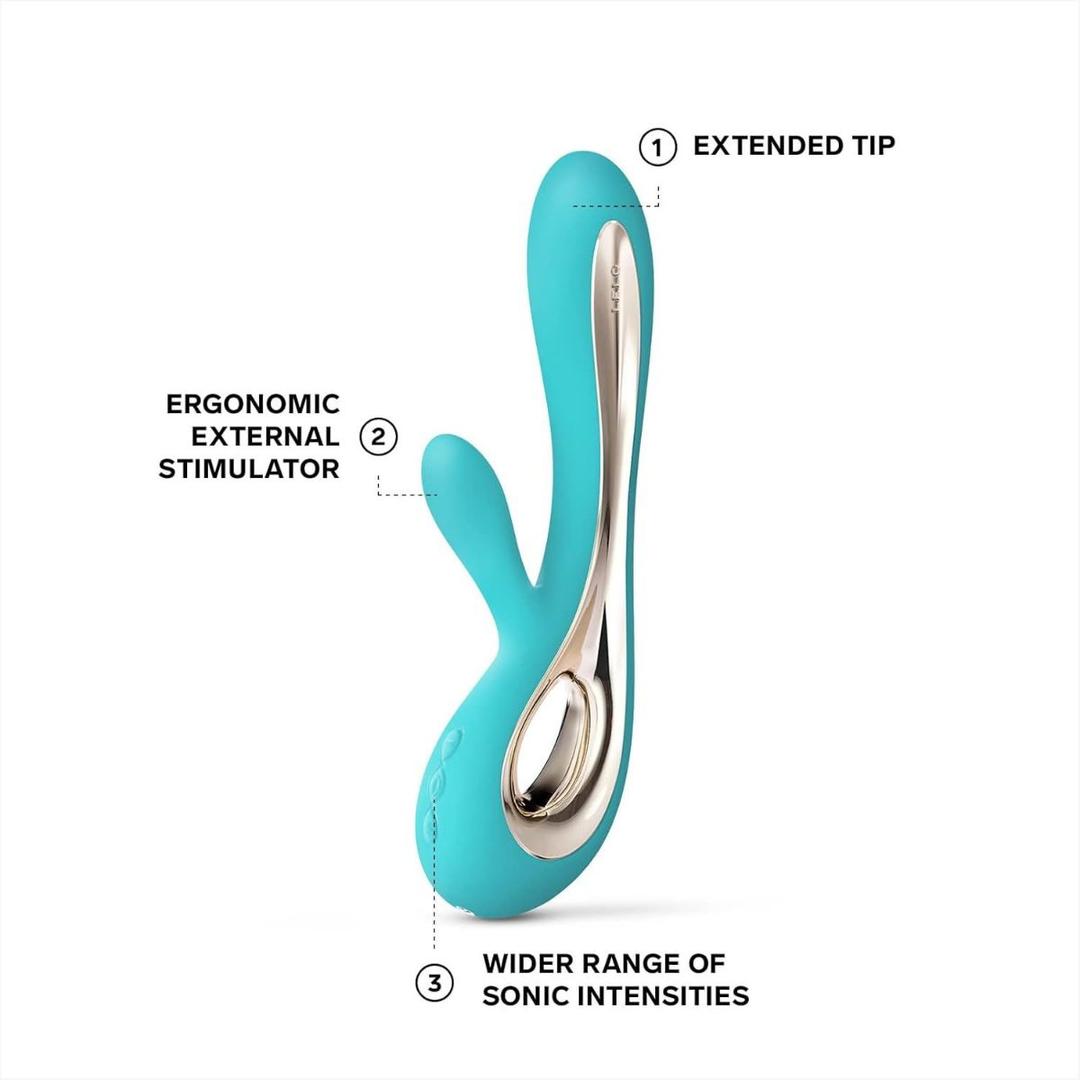 The LELO Soraya 2 Aqua is a teal and silver waterproof wireless rabbit vibrator with an extended G-spot tip, ergonomic external stimulator, and a wider range of sonic intensities.