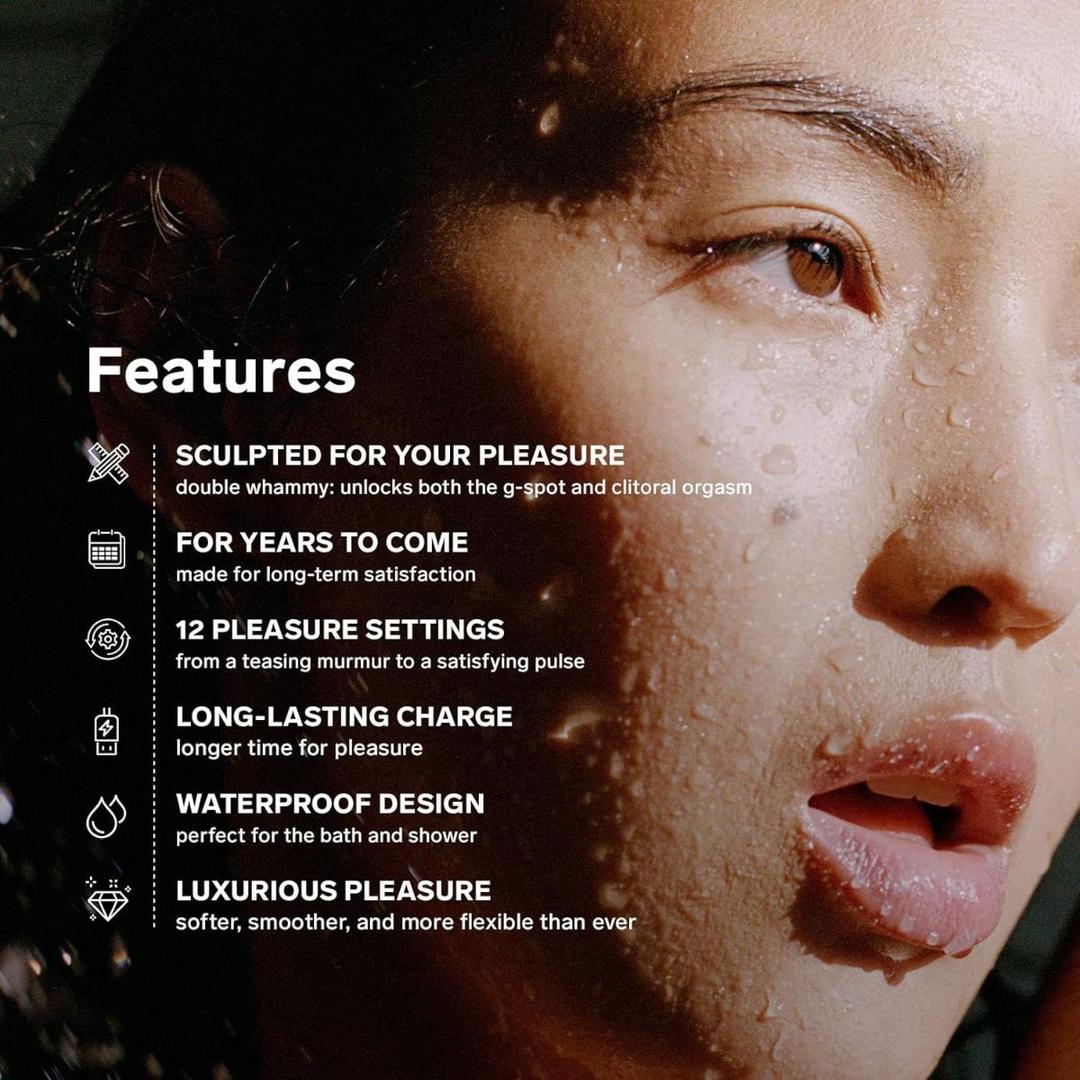 Close-up of a woman's face with water droplets. Text highlights the LELO Soraya 2 Aqua Waterproof Wireless Rabbit Vibrator by LELO—sculpted design, durable, 12 settings, long-lasting charge, waterproof build, and luxurious feel.