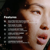 Close-up of a woman's face with water droplets. Text highlights the LELO Soraya 2 Aqua Waterproof Wireless Rabbit Vibrator by LELO—sculpted design, durable, 12 settings, long-lasting charge, waterproof build, and luxurious feel.