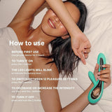A smiling woman relaxes on a bed holding the LELO Soraya 2 Aqua, a waterproof wireless rabbit vibrator by LELO. Text overlay guides users through charging, powering on, changing settings, adjusting intensity, and turning off.